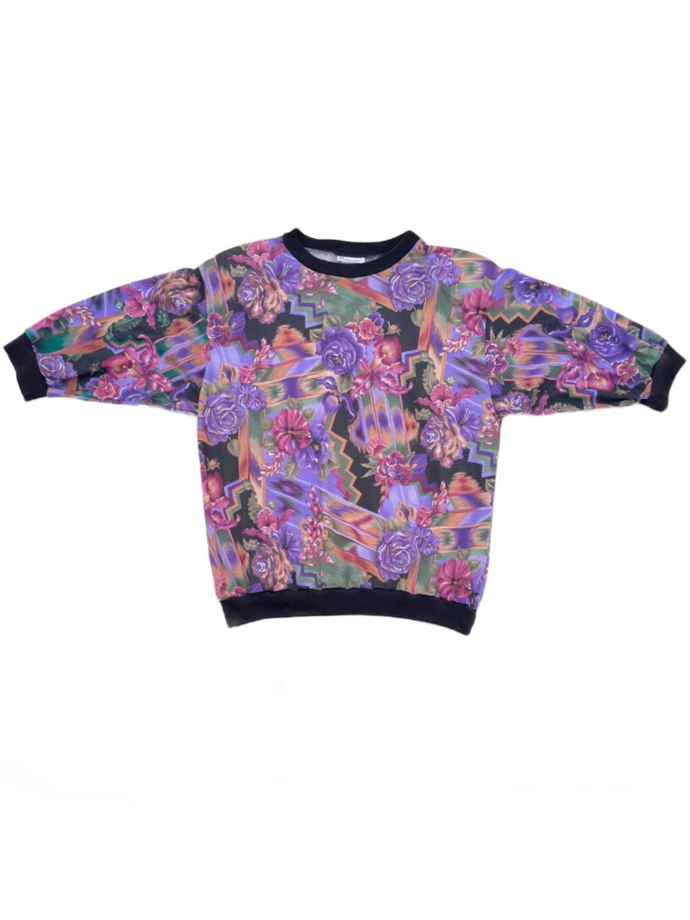 Vintage 80s Donnkenny Purple Abstract Floral Lightweight Ringer ¾ Sleeve Shirt